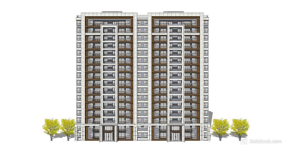 Modern Residential Building With Multiple Floors Uniform Windows And Surrounding Trees 3d model