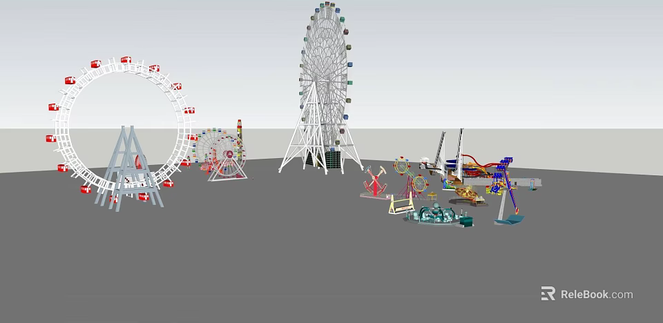 Colorful Outdoor Amusement Rides In Park With Ferris Wheel Carousel And Thrill Rides 3d model 
