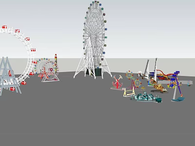 Colorful Outdoor Amusement Rides In Park With Ferris Wheel Carousel And Thrill Rides 3d model