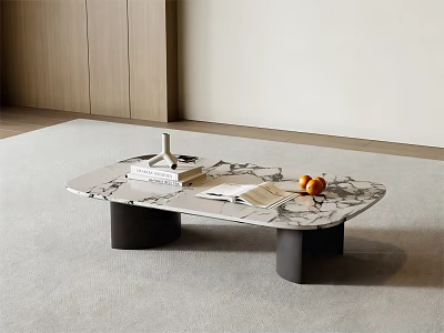 Modern Marble Coffee Table Oval Design With Black Legs Topped With Books Vase And Oranges 3d model