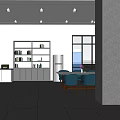 Modern Pantry Interior With White Cabinets Gray Shelves Refrigerator Large Window White Table Green Chairs