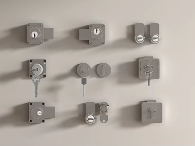 Various Types Of Metal Locks With Keys And Knob Style On Light Gray Background 3d model