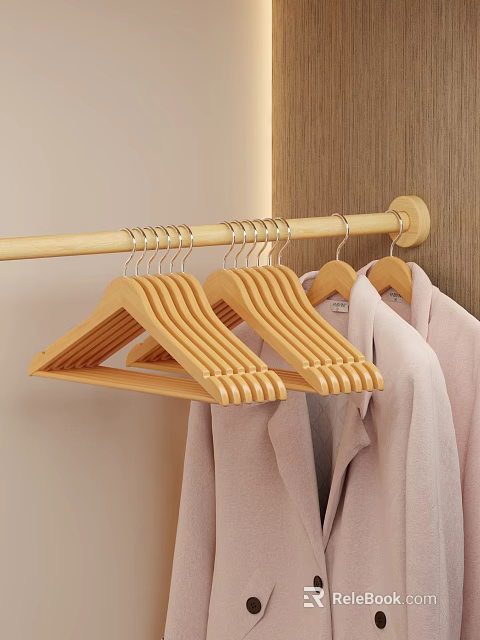 Tidy Walk in Closet Interior With Wooden Hangers And Hanging Pink Garments 3d model 