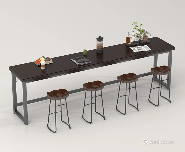 Modern Bar Counter With Dark Top Metal Frame And Four Brown Stools Featuring Coffee Maker Plant 3d model 