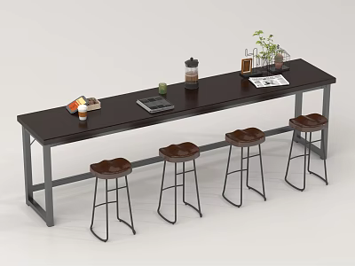 Modern Bar Counter With Dark Top Metal Frame And Four Brown Stools Featuring Coffee Maker Plant 3d model