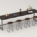 Modern Bar Counter With Dark Top Metal Frame And Four Brown Stools Featuring Coffee Maker Plant