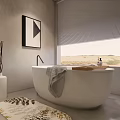 Minimalist Bathroom Interior With Freestanding Bathtub Window Blinds Green Plant And Rug