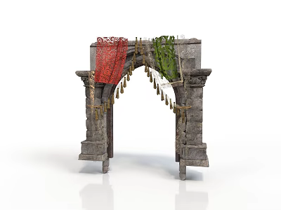 Ancient Stone Archway Decorated With Red Green Fabrics And Hanging Ornaments 3d model