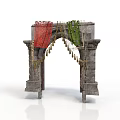 Ancient Stone Archway Decorated With Red Green Fabrics And Hanging Ornaments