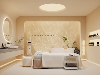 Modern SPA Sauna Room Interior With Beige Walls Round Ceiling Light Massage Bed And Plants 3d model