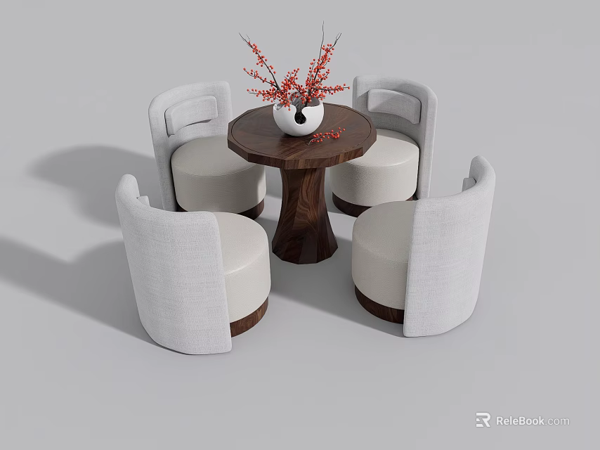 Comfortable White Leisure Chairs Around Round Wooden Table With Red Flower Vase 3d model 