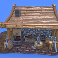 Cartoon Wooden Cabin Scene with Stone Wall Axe Hoe Wheel and Barrel