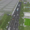 Urban Road Facilities With Vehicles Pedestrians Sidewalks Street Lighting Trees And Soccer Field
