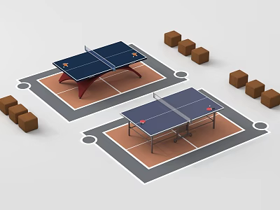 Professional Table Tennis Tables with Brown Cubes on Marked Court Area Layout 3d model