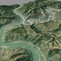 Aerial View Of Mountainous Landscape With Winding River And Village Valley