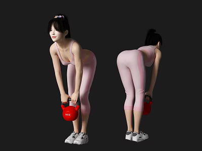 Woman Wearing Pink Sportswear Bending Over Lifting Red Kettlebell In Two Angles Workout Pose 3d model