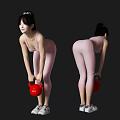 Woman Wearing Pink Sportswear Bending Over Lifting Red Kettlebell In Two Angles Workout Pose