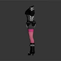 Black Leather Outfit With Pink Mesh Stockings Spiked Shoulders And Belted Waist Design