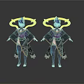 Two Anime Style Characters With Blue Hair Yellow Halos Black Purple Outfits And Golden Trim