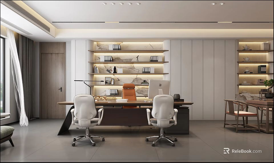 Modern Office Interior With Open Bookshelves Wooden Desk Computer Ergonomic Chairs And Minimalist Lighting 3d model 