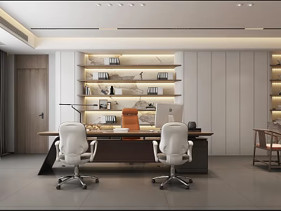 Modern Office Interior With Open Bookshelves Wooden Desk Computer Ergonomic Chairs And Minimalist Lighting 3d model