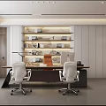 Modern Office Interior With Open Bookshelves Wooden Desk Computer Ergonomic Chairs And Minimalist Lighting