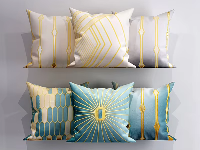 Geometric Pattern Decorative Pillows in White Gold and Blue with Artistic Designs 3d model