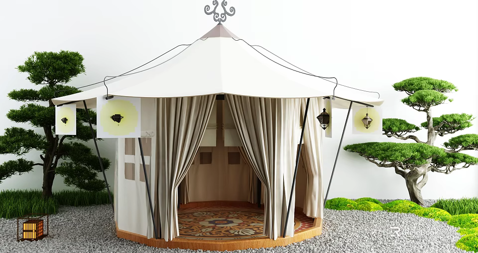 White Tent with Decorative Top Beige Curtains Round Carpet and Lanterns in Outdoor Green Area 3d model 