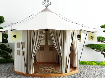 White Tent with Decorative Top Beige Curtains Round Carpet and Lanterns in Outdoor Green Area 3d model