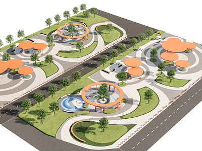 Scenic Park Landscape Featuring Circular Design Orange Pavilions Green Lawns And Trees 3d model