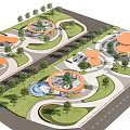 Scenic Park Landscape Featuring Circular Design Orange Pavilions Green Lawns And Trees
