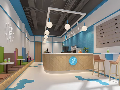 Blue And White Bubble Tea Shop Interior With Bar Counter Hanging Lights And Menu Board 3d model
