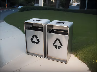 Garden Accessories Stainless Steel Trash Bins With Recycling Symbols On Sidewalk Near Grass And Road 3d model