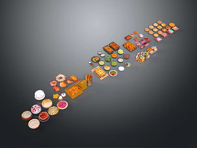 Variety of Colorful Food Items Arranged in Creative Display on Dark Surface 3d model