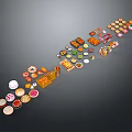 Variety of Colorful Food Items Arranged in Creative Display on Dark Surface