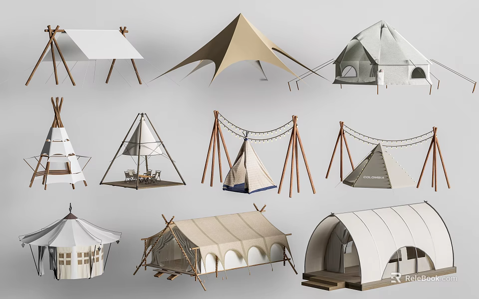 Various Modern Tents With Different Designs Structures And Canvas Materials 3d model 