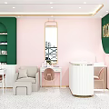 Modern Beauty Hair Salon Storefront With Green Wall Pink Accents And Interior Mirrors Tables Chairs