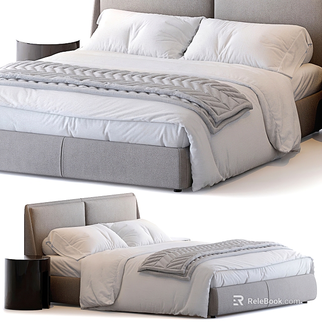 Modern Double Bed With Grey Headboard White Sheets And Soft Pillows 3d model 