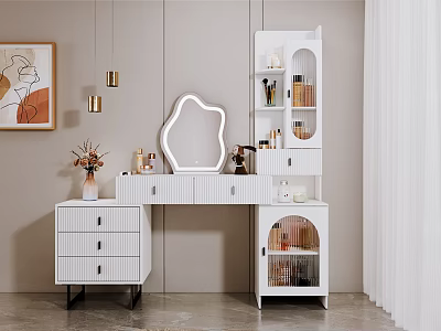 Modern White Dressing Table With Unique Shaped Mirror Glass Door Cabinet And Decorative Items 3d model