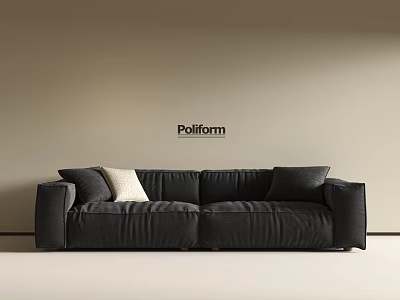Black Poliform Multi Seater Sofa With Cushions Against Light Colored Wall And Neutral Floor 3d model