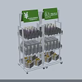 Mobile Multi Tiered Retail Display Shelving Unit With Green Signage Bottled And Boxed Products