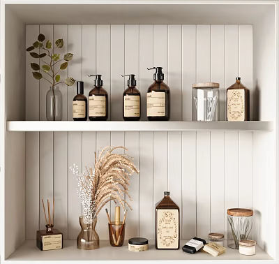 Bathroom Shelves With Essentials And Decorative Plants 3d model Bathroom Shelves With Essentials And Decorative Plants 3d model