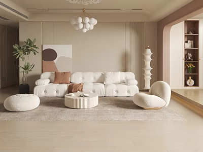 Modern Cream Style Living Room Sofa Coffee Table Combination Lazy Sofa Stool Hanging Picture Green Plant Side Table Chandelier Modern Cream Style Living Room Sofa Coffee Table Combination 3d model