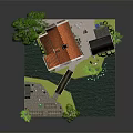 Cartoon Scene Featuring Green House With Red Roof Weeping Willow Small Bridge And Pond