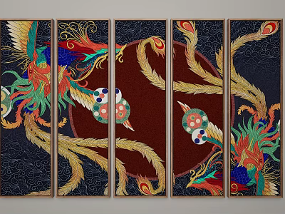Traditional Chinese Screen Paintings with Phoenix Sun Motif Colorful Feather Designs on Dark Scroll Panels 3d model