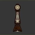 Elegant Wooden Grandfather Clock With Carved Details Round Dial And Decorative Base