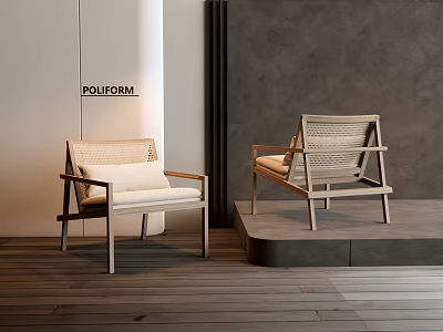 Modern Leisure Chairs With Wooden Frame Woven Backrest And Soft Cushions Design 3d model