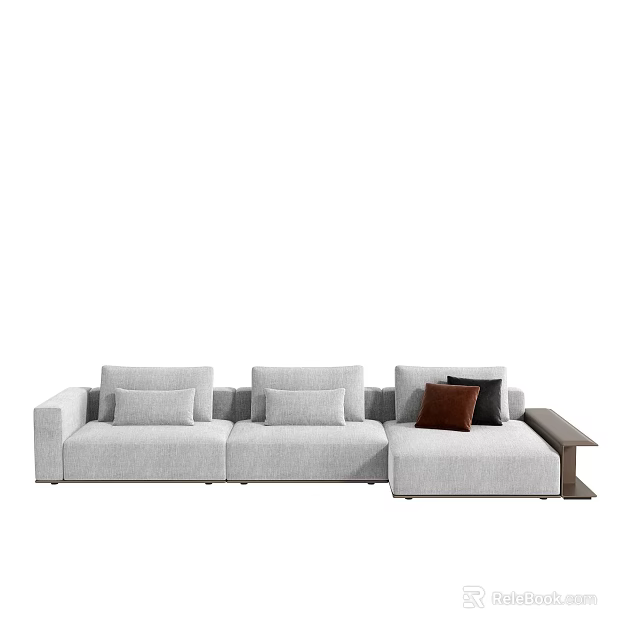 Modern Gray Sectional Sofa With Multiple Cushions And Wooden Side Table 3d model