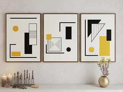 Geometric Wall Art With Golden Frames And Shelf Decor In Modern Interior 3d model