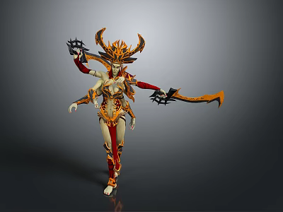 Woman in Ornate Red and Gold Armor with Horned Helmet and Decorative Weapon 3d model